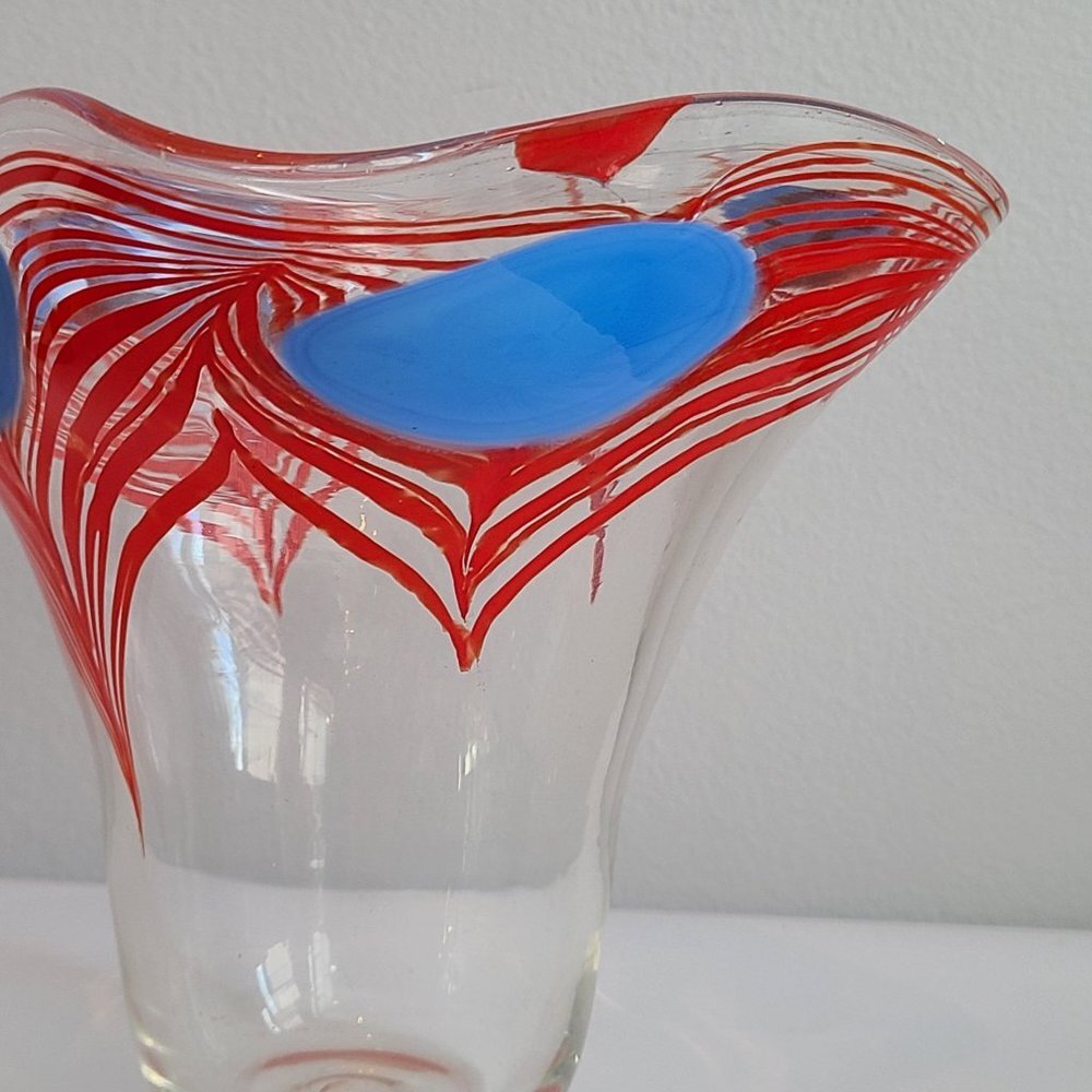 Artisan Hand-Blown Pulled Feather Red Blue Bud Vase Cotemporary Modern Signed